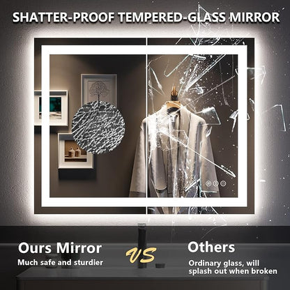 40x32 Inch LED Bathroom Mirror with Lights Front and Backlit Lighted Vanity Mirror for Bathroom Wall with 3 Colors Dimmable Anti-Fog Memory Shatter-Proof IP54 Waterproof Horizontal/Vertical