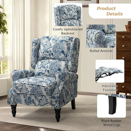 HULALA HOME Upholstered Wingback Recliner Chair, Small Adjustable Footrest Push Back Single Reclining Sofa, Mid Century Modern Lounge Armchair for Living Room, Bedroom, Reading/Jacobean