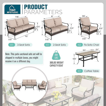 MFSTUDIO Outdoor Patio Furniture Set, 5 PCS Metal Patio Conversation Sets for 7, Modern Patio Sectional Set with High Back 3-Seat Sofa, Loveseat, 2 Fixed Sofa Chairs, 1 Coffee Table