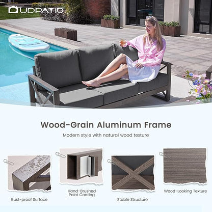 UDPATIO Aluminum Patio Furniture Set, 4 Piece Faux Wood Outdoor Patio Sets with Coffee Table, Metal Patio Furniture Set Modern Outdoor Sectional for Deck Porch Patio, Dark Grey