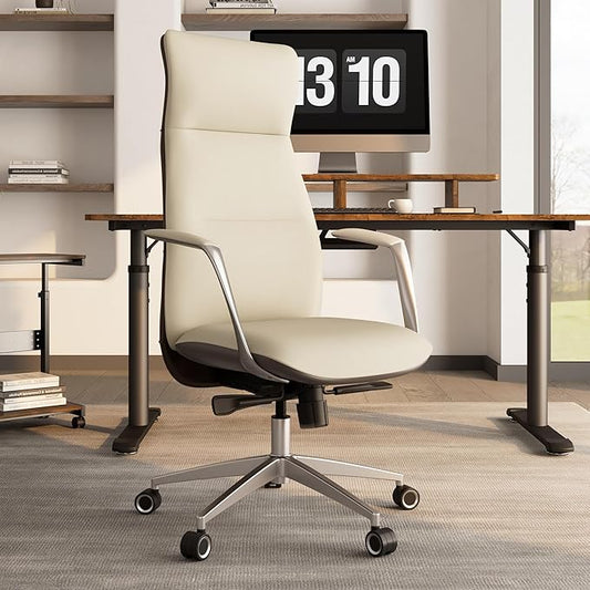 EUREKA ERGONOMIC Royal Slim Executive High Back Beige Leather Office Chair, Home Desk Chair for Adults, Big and Tall with Wheels, Swivel Rolling