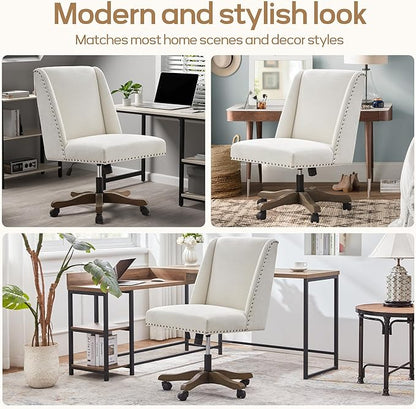 Armless Upholstered Office Chair with Wooden Legs, Modern Criss Cross Adjustable Home Office Desk Chair No Arms Sewing Chair Swivel Chair for Women Farmhouse Study Studio (Beige)