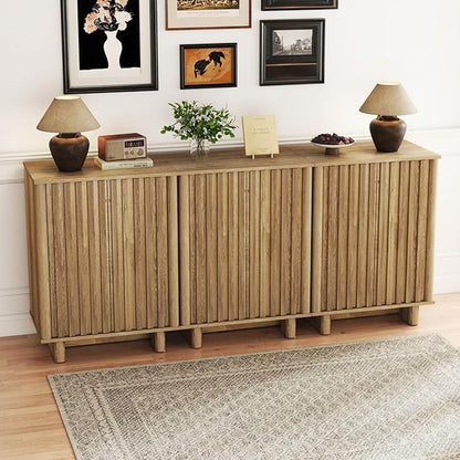 LukeAlon Fluted Sideboard Cabinet with Storage, 70" Farmhouse Boho Accent Buffet Cabinet, Wooden Credenza Cabinets for Living Room Dining Room Entryway Hallway, Natural Wood Color