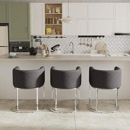 Contemporary Charcoal Linen Bar Stools Set of 3, 24" Upholstered Fabric Counter Height Barstools Kitchen Counter Island Stools with Screwed Together Chrome Finish Base