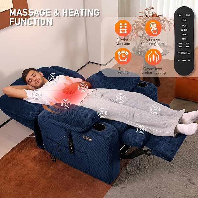 EONIX Lay Flat Power Lift Recliner Chair with Heat and Massage, Dual Motor Electric Lift Chair for Elderly for Postoperative Recovery, 400lbs Heavy Duty, Cup Holders, Lumbar Pillow, Navy Blue