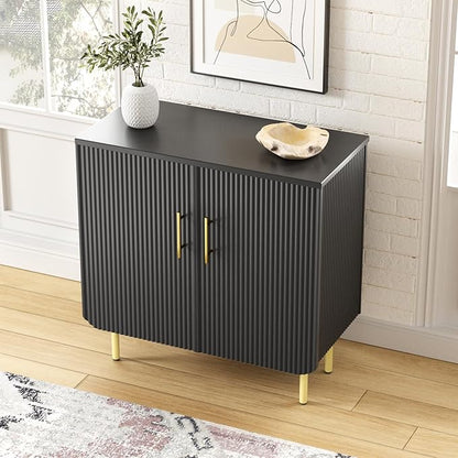 Modern Fluted Black Storage Cabinet with 2 Doors, Adjustable Shelves, and Metal Legs, Accent Buffet Sideboard for Living Room, Dining Room, Entryway (Black)