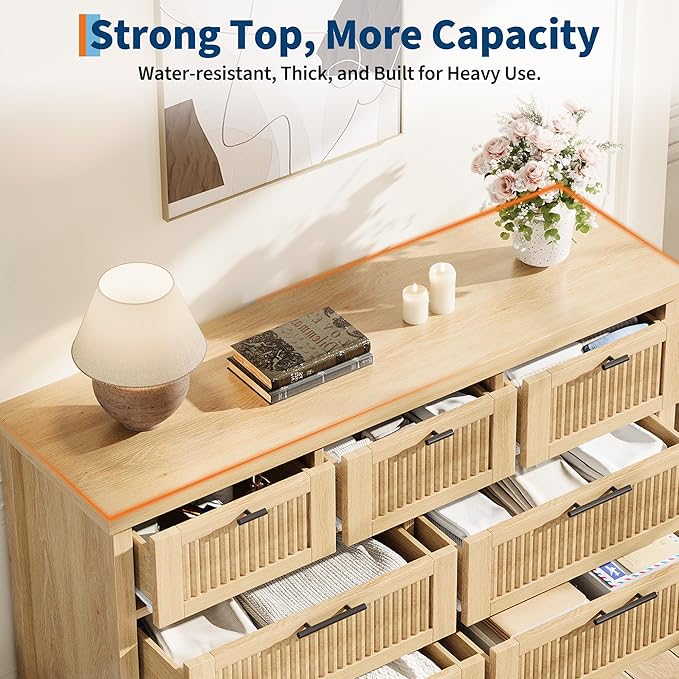 GarveeHome Fluted 7 Drawer Dresser for Bedroom, 47.4 in Wide Mid Century Modern Chest of Drawers, Wooden Fluted Dresser Chest with Clothes Storage Cabinet, Organizer for Bedroom, Living Room, Natural
