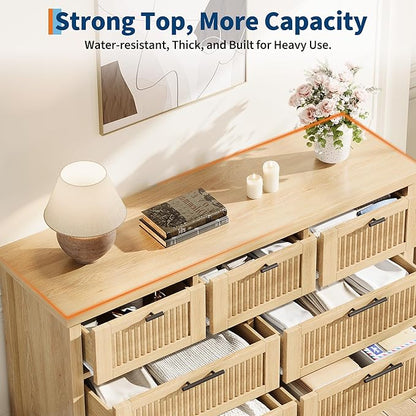 GarveeHome Fluted 7 Drawer Dresser for Bedroom, 47.4 in Wide Mid Century Modern Chest of Drawers, Wooden Fluted Dresser Chest with Clothes Storage Cabinet, Organizer for Bedroom, Living Room, Natural