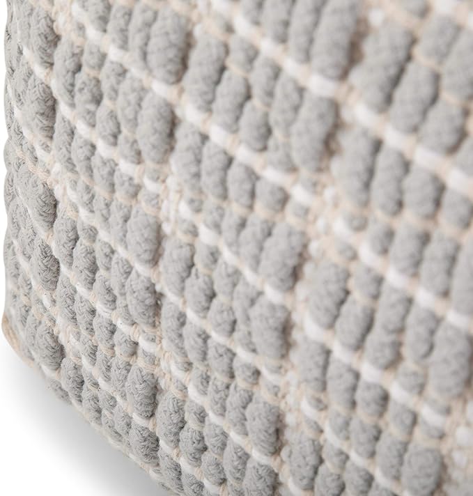 SIMPLIHOME Noreen Boho Square Pouf in Light Blue, White Handloom Woven Pattern for the Living Room, Bedroom and Kids Room