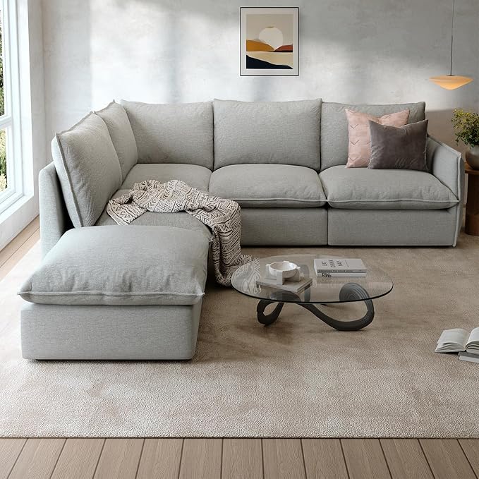 Waterproof Cloud Sectional Sofa for Living Room,High Backrest Down Filled Couches,5 Seater Oversized Modular V-Shaped Sofa,Detachable Couch Covers,Light Grey