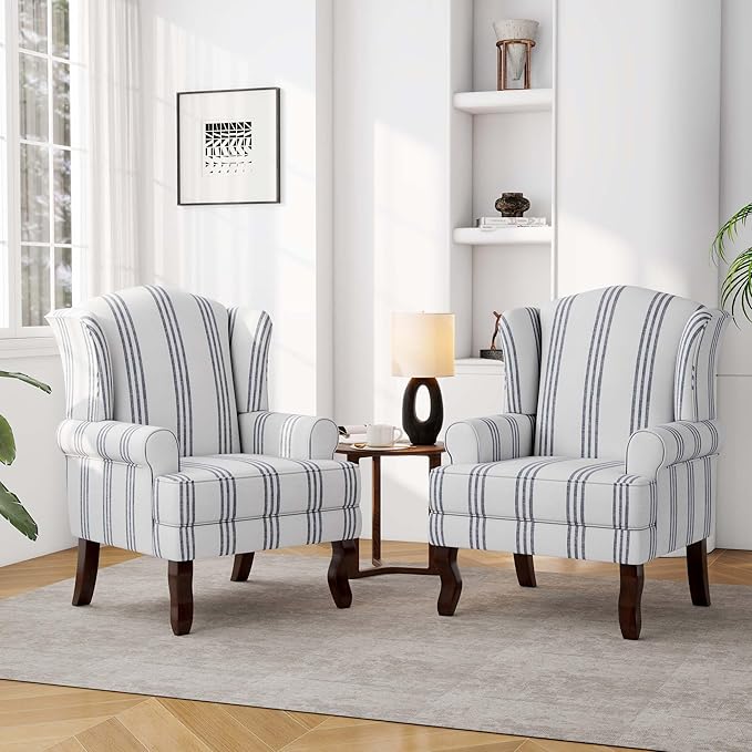 Accent Chair Set of 2, High Back Upholstered Armchair with High Resilience Sponge & Wood Legs, Mid-Century Modern Comfy Single Sofa Reading Chairs for Living Room, Bedroom-Stripe Navy