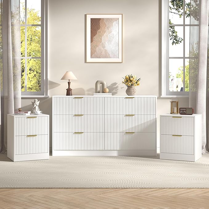 3-Piece Modern Bedroom Furniture Set, Wide 6-Drawer Dresser & 2-Drawer Nightstands Set of 2, Natural Wood Dresser and Nightstand Sets for Bedroom, Hallway, White