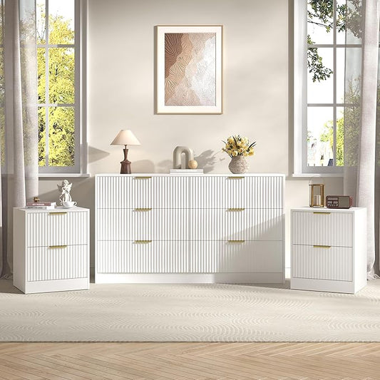 3-Piece Modern Bedroom Furniture Set, Wide 6-Drawer Dresser & 2-Drawer Nightstands Set of 2, Natural Wood Dresser and Nightstand Sets for Bedroom, Hallway, White