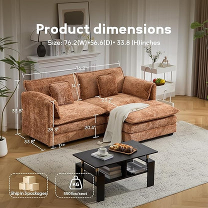 76.2" Modular Sectional Sofa with Movable Ottoman, Deep Seat couches for Living Room, 2 Seater Loveseat Sofa, L Shaped Comfy Cloud Couch with Removable Cover, Armrest Pillow (Orange)