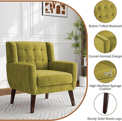 Lumibee Accent Chairs Set of 2, Velevet Fabric Armchairs for Living Room, Comfy Upholstered Arm Chairs Tufted for Indoor Bedroom Office Room (Green Velvet)