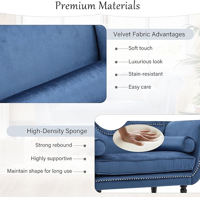 Christopher Knight Home Aurora Velvet Chaise Lounge Indoor with 2 Bolster Pillows, Upholstery Entryway Bench with Nailhead Trim & Curved Arms, End of Bed Bench Ottoman and Wooden Legs, Dark Blue