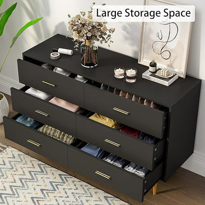Dresser for Bedroom, 6 Drawer Black Wood Dresser with Golden Handles, Modern Wide Dressers & Chests of Storage Organizer Drawer for Entryway Hallway