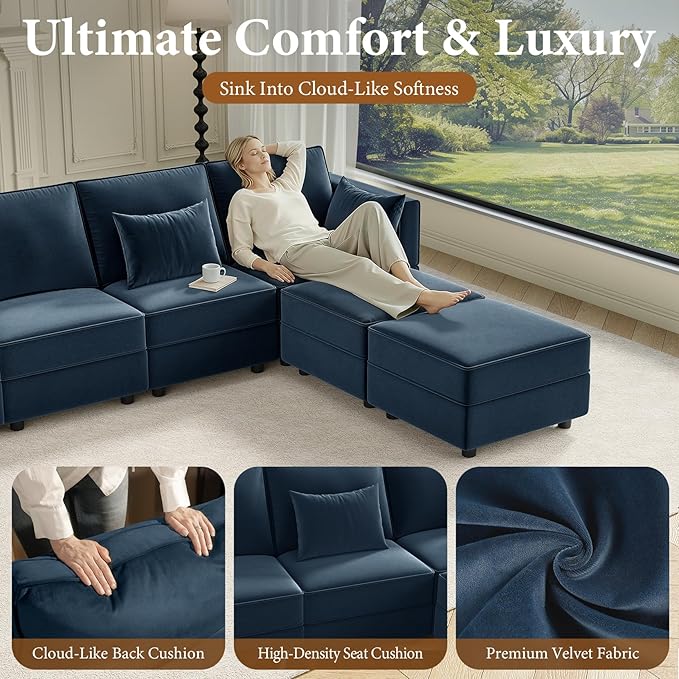 Vesgantti Sectional Couches with Storage Seats, 118" L Shaped Convertible Modular Sectional Sofa, 4 Seat & 1 Ottoman Velvet Storage Chaises Deep Seat Couch for Living Room, Bedroom, Apartment, Blue