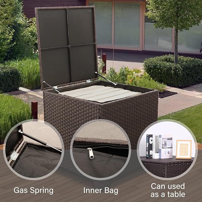Valita 6 Pieces Patio PE Wicker Furniture Set Outdoor Brown Rattan Sectional Conversation Sofa Chair with Storage Table and Beige Cushions