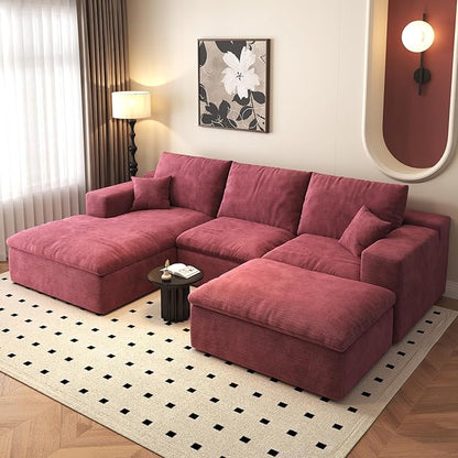 107'' U-Shaped Modern Modular Sectional Cloud Couch Whit Ottoman, 4-Seat Chenille Deep-Seat Sofa with Pillow for Living Room, Bedroom, Apartment, Wine Red