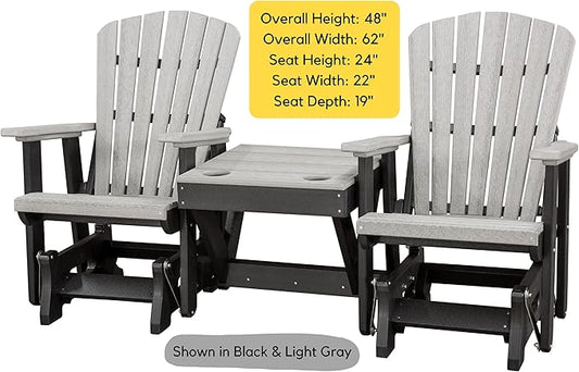 DutchCrafters Slat Fan Back Double Poly Adirondack Glider Outdoor Patio Chairs with Center Table (White & Cedar)