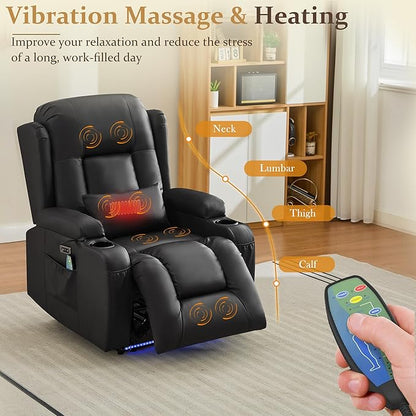 URRED Power Recliner Chair with Massage and Heat for Adults, Electric Reclining Sofa Home Theater Seating with Ambient Light, USB Ports, Cup Holders, Side Pockets, Pillow, Faux Leather (Black)