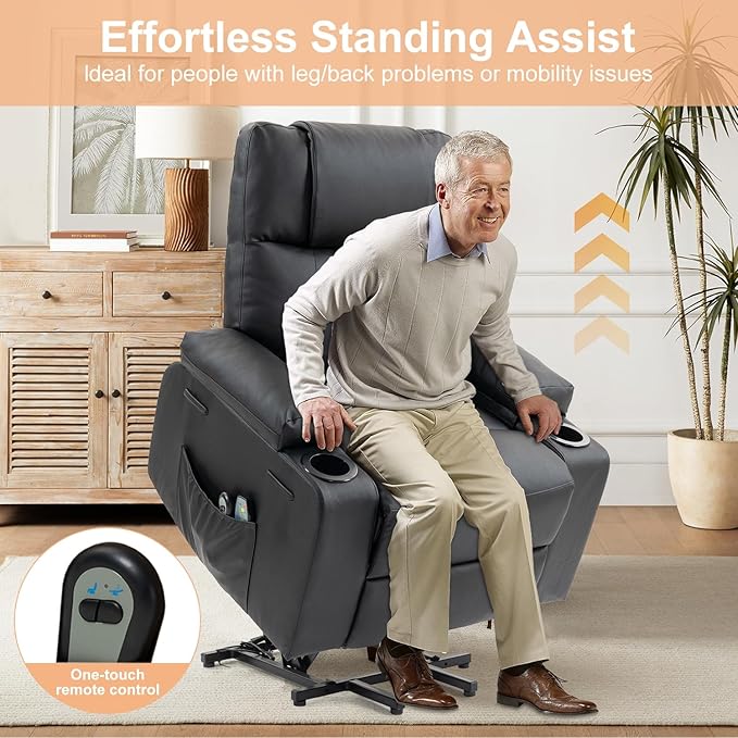 Power Lift Recliner Chair for Elderly, Electric Stand Assist Reclining Chair with Massage and Heat Function, Leather Living Room Furniture, Comfy Single Sofa with Cup Holders, Side Pockets, Black