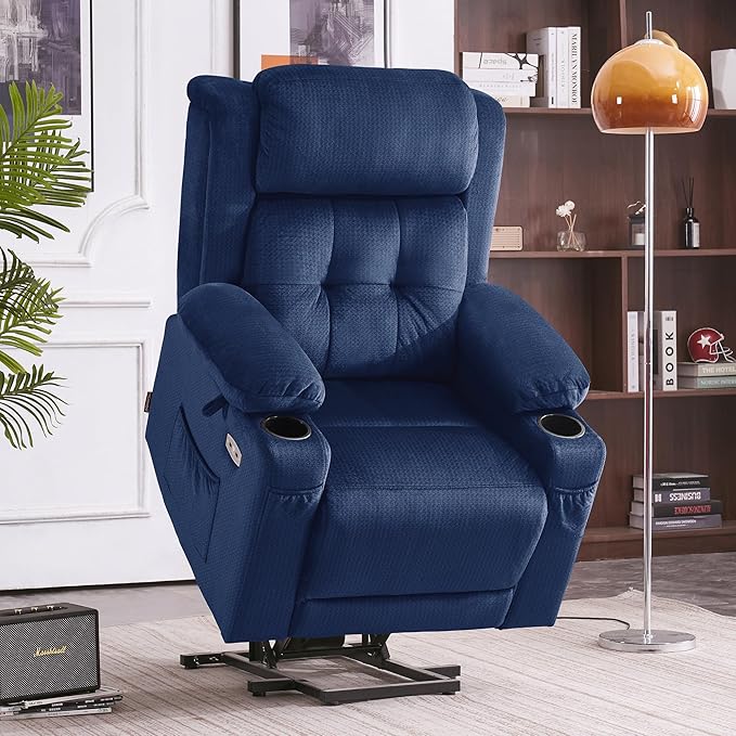 MCombo Medium Triple Motor Power Lift Recliner Chair with Massage and Heat for Elderly People, Adjustable Headrest, Infinite Position, USB Ports, Fabric 7661 (Navy Blue, Medium)