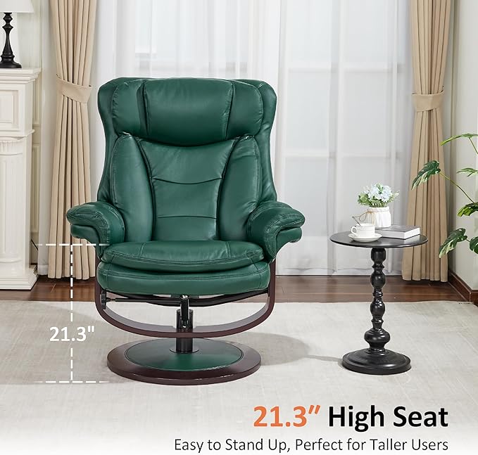 MCombo Oversized Swivel Recliner Chair with Ottoman, Adjustable Backrest, 360° Wood Base, High Seat, Faux Leather Lounge Chair for Tall Users in Living Room, Bedroom, or Office 4651 (Green)