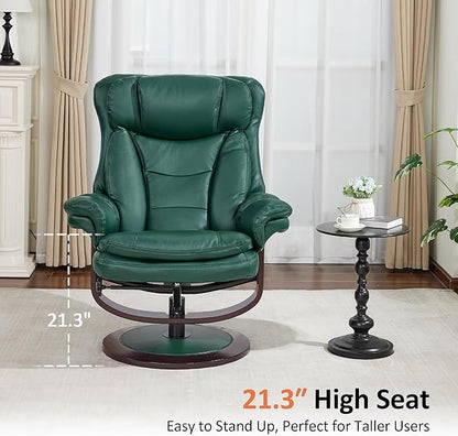 MCombo Oversized Swivel Recliner Chair with Ottoman, Adjustable Backrest, 360° Wood Base, High Seat, Faux Leather Lounge Chair for Tall Users in Living Room, Bedroom, or Office 4651 (Green)
