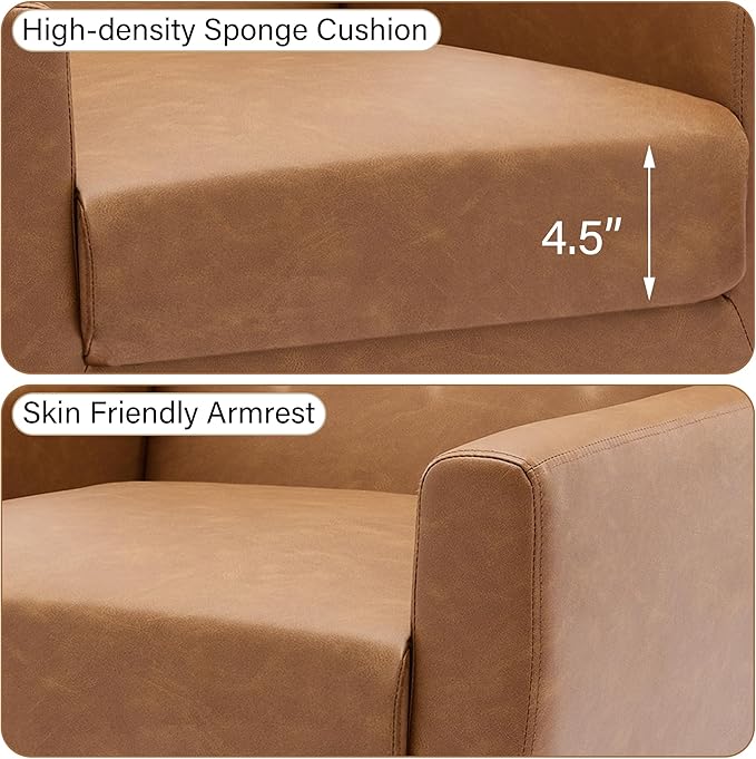 Accent Chair, Mid-Century Modern PU Leather Chairs with Arms for Living Room, Comfy Upholstered Club Single Sofa Armchair for Bedroom Waiting Room with Solid Wood Frame（Leather Brown, Set of 1)