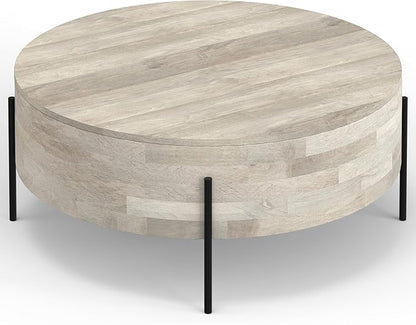 SIMPLIHOME Rayburn Drum Coffee Table - 38 inch Wide Solid Mango Wood Round Living Room Table in White Wash, Modern Urban Center Table for Family Room with Black Metal Legs and Large Surface