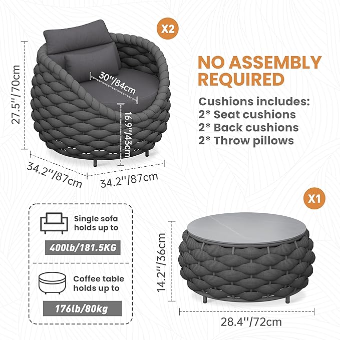 Front Porch Furniture Set 3 Piece: Aluminum Woven Rope Patio Conversation Sofa Set for 2 - Assembled Outdoor Couch Armchair Set Cushions - for 400lb Deck Balcony Pool Yard Hotel - Dark Gray