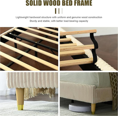 PINJU King Size Bed Frame, Upholstered Platform Bed with Modern Vertical Striped Wingback Headboard with Wooden Slats, Easy to Assemble No Noise Free (Beige, King (U.S. Standard))