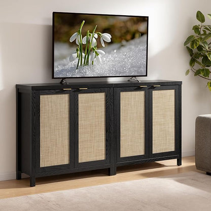 SICOTAS Rattan Sideboard Buffet Storage Cabinet - Boho Credenza Coffee Bar Cabinet with Large Storage, Buffet Console Table for Kitchen Living Room Entryway - Black