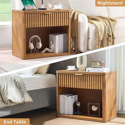 LEYAOYAO 31" Wide Fluted Nightstand Set of 2 with Charging Station, Oversized Extra Large 2 Drawers Night Stand,Brown Wood Bedside Table,Tall End Tables,Modern Chest of Drawers Dressers for Bedroom