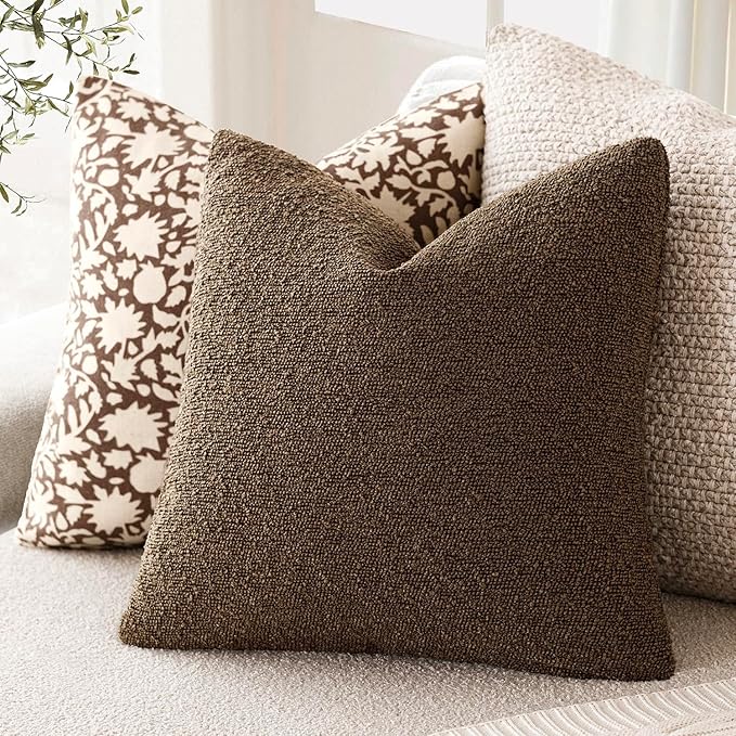Foindtower Pack of 2, Decorative Textured Boucle Throw Pillow Covers Accent Solid Pillow Cases Cozy Soft Couch Cushion Case for Chair Sofa Bedroom Living Room Home Decor 22x22 Inch Chocolate