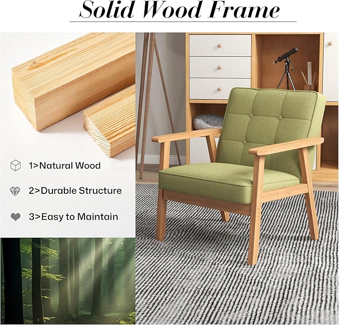 KCC Mid-Century Modern Linen Fabric Accent Chair, Upholstered Tufted Leisure Chair Comfy Reading Side Chair with Armrest and Solid Wood Frame for Living Room Bedroom Balcony(Green)