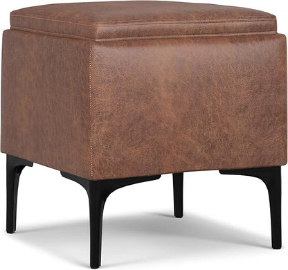 SIMPLIHOME Natasha 18 inch Wide Contemporary Square Mid Century Storage Ottoman with Tray in Distressed Saddle Brown Vegan Faux Leather, Assembled, For the Living Room, Entryway and Family Room