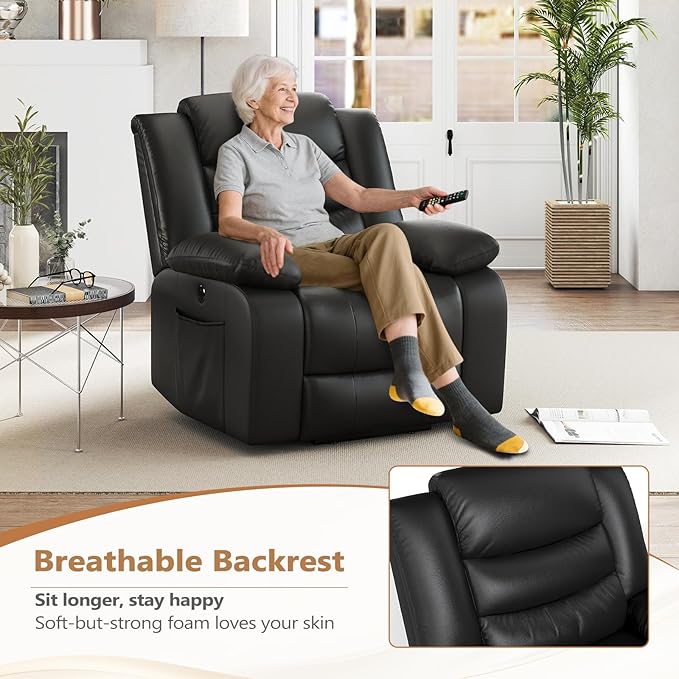 ANJ Black Power Lift Recliner Chair with Massage and Heat, PU Leather Overstuffed Electric Lift Chair for Elderly, Oversized Single Sofa Recliner with Side Pockets, Remote Control