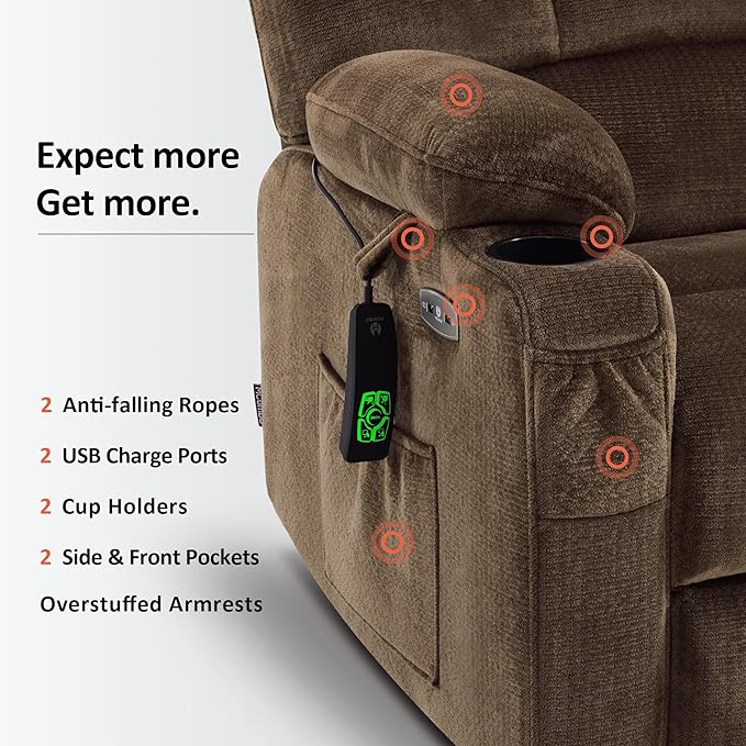 MCombo Oversized Dual Motor Power Lift Recliner Chair Sofa with Massage and Heat for Big Elderly People, Infinite Position, USB Ports, Fabric R7688 (Brown, Large-Oversize)