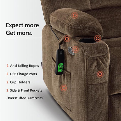 MCombo Oversized Dual Motor Power Lift Recliner Chair Sofa with Massage and Heat for Big Elderly People, Infinite Position, USB Ports, Fabric R7688 (Brown, Large-Oversize)