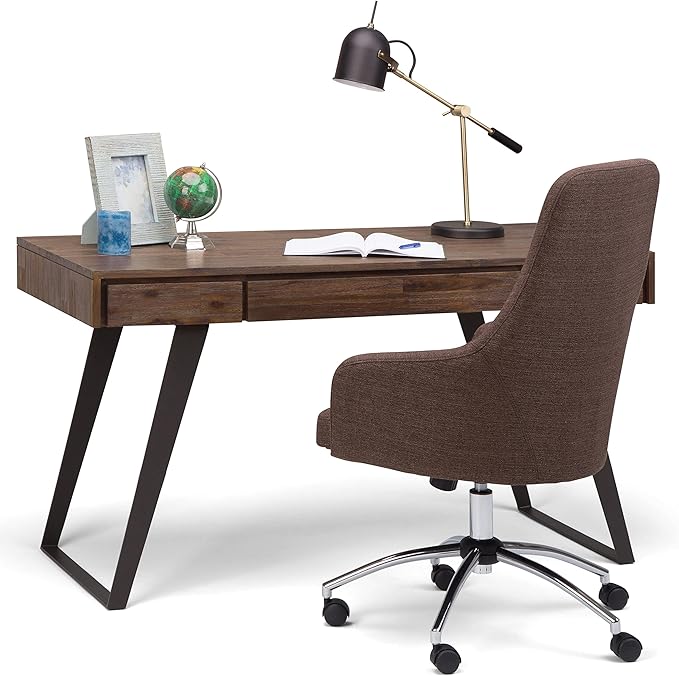SIMPLIHOME Lowry Desk - 54-Inch Wide Solid Acacia Wood and Metal Writing Desk in Rustic Natural Aged Brown, Modern Industrial Home Office Computer Table with 2 Drawers and Flip-Down Keyboard Tray