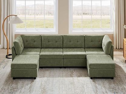 VANOMi 4 Seat Cloud Couches for Living Room with 2 Ottomans, 118" Modular Sectional Sofas & Couches, Comfy Chenille Cloud Sectional Couch Sofa for Apartment, Office, Olive Green, U Shaped