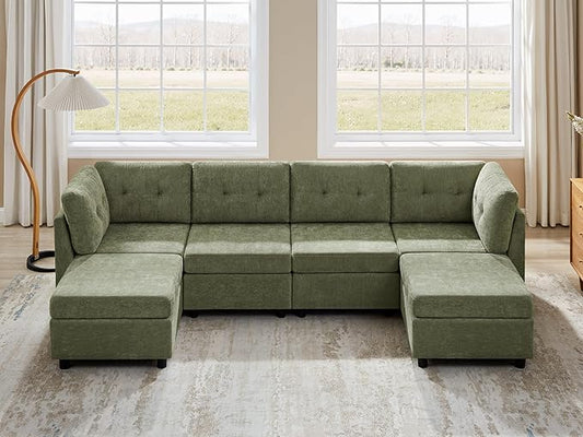 VANOMi 4 Seat Cloud Couches for Living Room with 2 Ottomans, 118" Modular Sectional Sofas & Couches, Comfy Chenille Cloud Sectional Couch Sofa for Apartment, Office, Olive Green, U Shaped