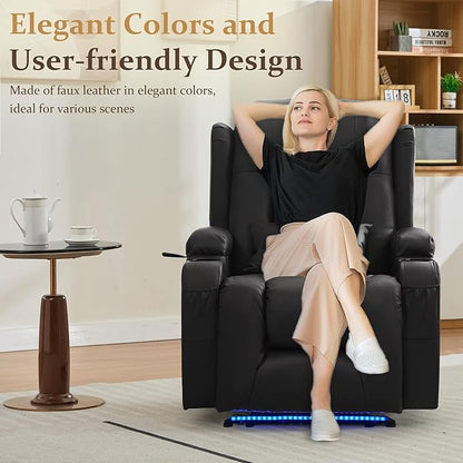 URRED Power Recliner Chair with Massage and Heat for Adults, Electric Reclining Sofa Home Theater Seating with Ambient Light, USB Ports, Cup Holders, Side Pockets, Pillow, Faux Leather (Black)