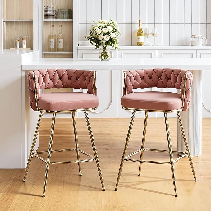VECELO Bar Stools Set of 4, Counter Height Bar Stools, 26 inch Seat Barstools with Woven Back and Footrest for Kitchen Island Counter, Pink
