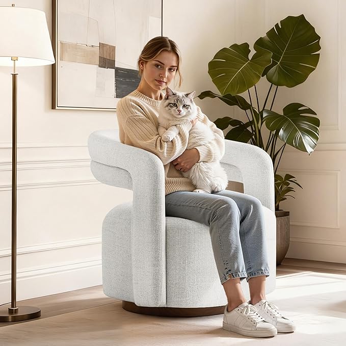Swivel Accent Chair, Upholstered Barrel Chair with Open Back Design, Modern Arm Chair with Wooden Base for Living Room Bedroom Reading Waitingroom, Wheat