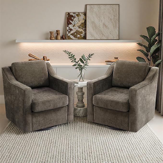 Pia Ricco 360° Swivel Accent Chair, Plush Oversized Chenille Fabric Armchair with Removable Cover for Living Room and Reception,Night Brown Black
