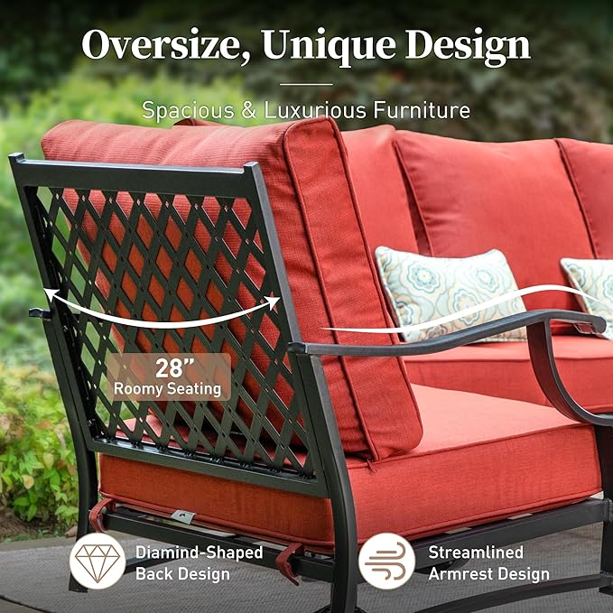 5 Piece Metal Outdoor Patio Furniture Set, Patio Conversation Sets 1 3-Seater Sofa, 2 Fixed Chair, 2 Ottomans with 5.75" Thick Cushion, Black All-Weather Frame Backyard Furniture, Red